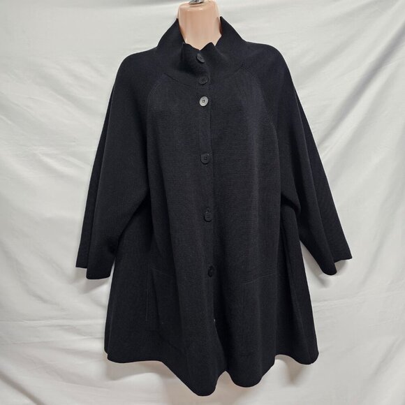Eileen Fisher Button Up Mock Neck Kimono Jacket Women Size L Black Silk/Cotton - Picture 12 of 13